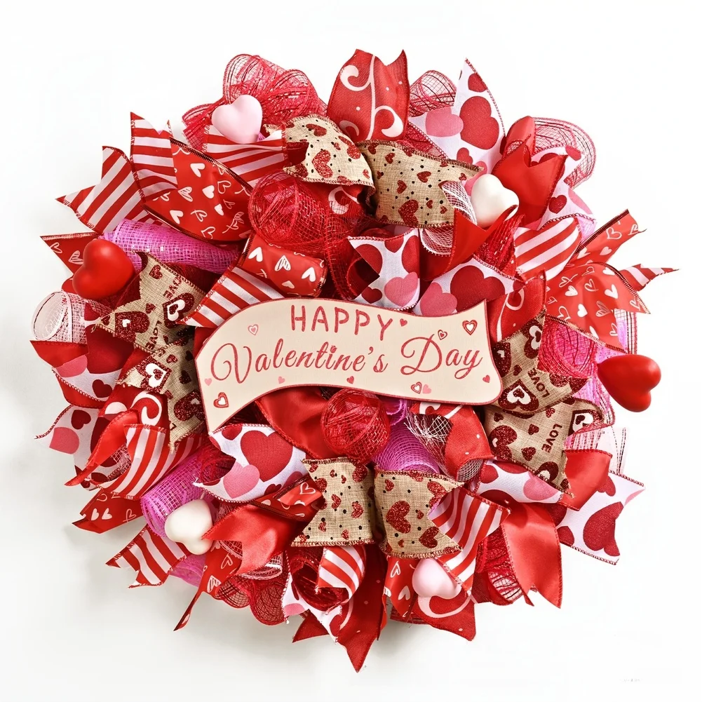 

Handcrafted Pink Heart Ribbon Wreath with Artificial Eucalyptus Silk Flowers for Indoor Outdoor Wall Hanging 40 40 3cm