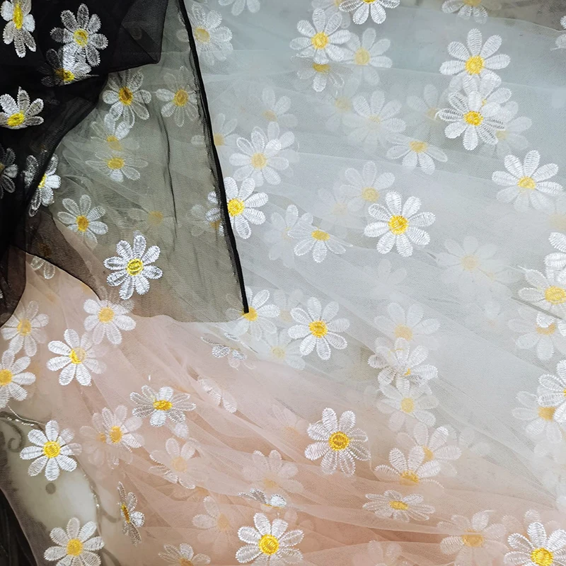 150cm Daisy Flower haftowana tkanina z siateczki francuskie koronki tkaniny siateczka DIY kurtyna dziecięca odzież dziecięca suknia ślubna tiulowa