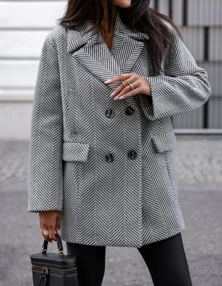 Pardessus en laine à carreaux pied-de-poule à manches longues pour femmes, vestes chaudes en laine de tweed, pardessus féminin, mode