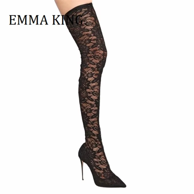 النساء الأسود الدانتيل الفخذ أحذية عالية مثير أشار تو عالية كعب ستيليتو فوق الركبة التمهيد موضة الانزلاق على السيدات عالية الكعب بوتاس #3
