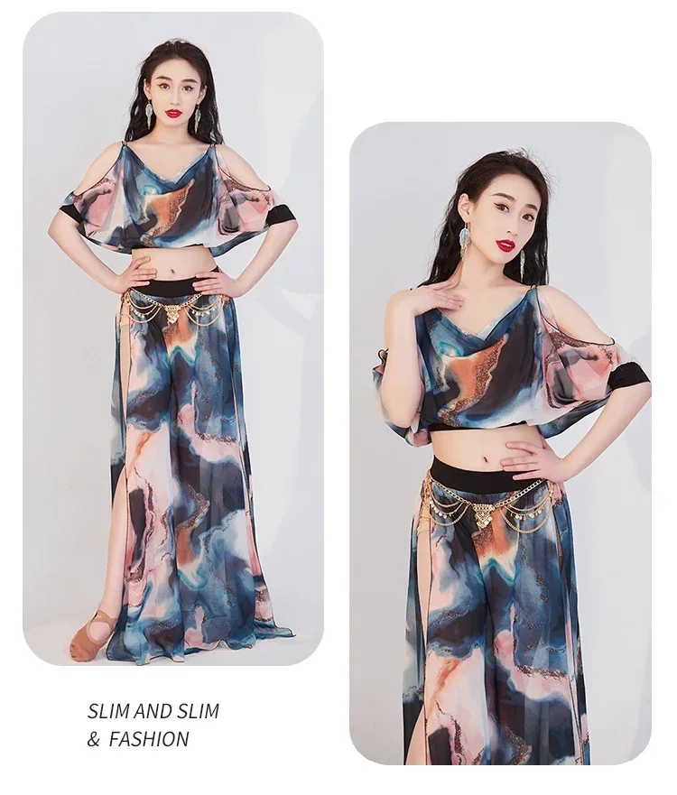 Traje de danza del vientre para mujer, Top estampado de manga corta, falda dividida, conjunto de ropa de práctica, ropa de actuación elegante para verano 2023