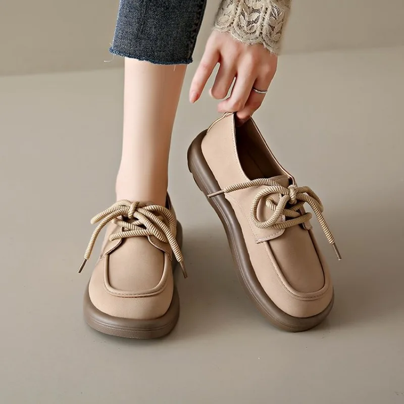 Lace Up Small Leather Shoes for Women 2026 Spring New British Style Casual Soft Soled Loafers Versatile Bean Shoes