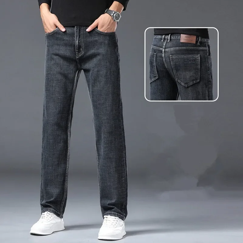 Men Slim Jeans Stretched Long Pants Regular Fit Denim Pants Cowboy Thick Plus Size 38 40 High Waist Black Gray Male Trousers