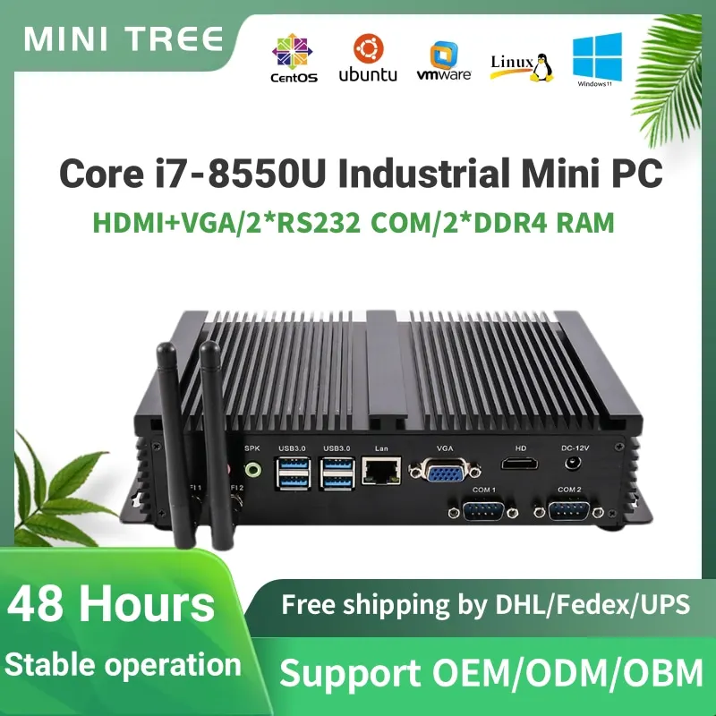 Mini computer industriale senza ventola Core i7-8550U i3 7100U 8145U Doppio terminale Rs232 COM Sistemi POS Mini Box PC incorporato HD VGA
