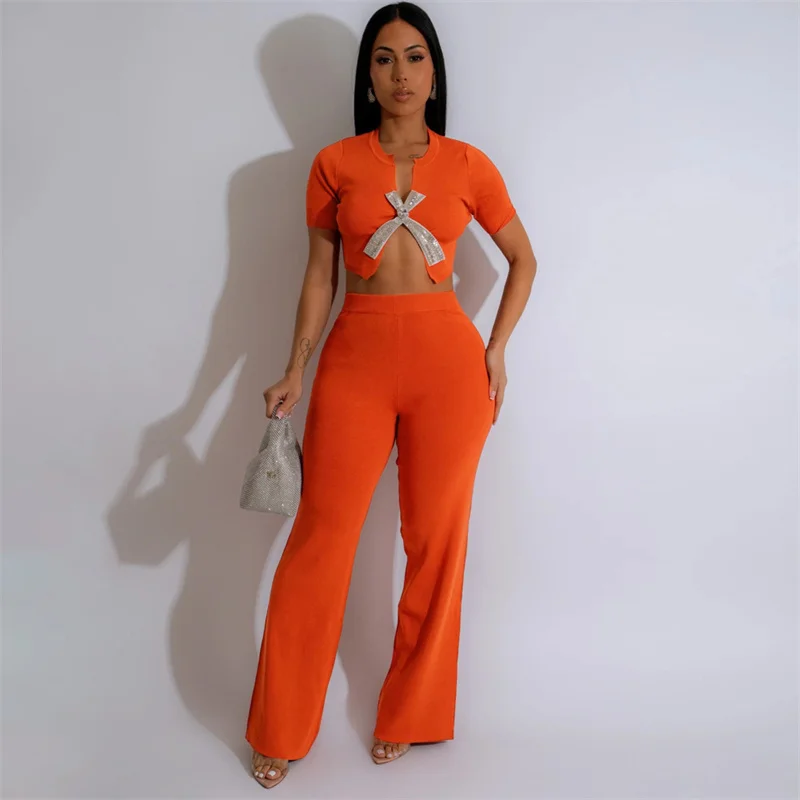 Summer Sexy Women Two Piece Sets Rhinestone Bow Split Skinny Crop Top and High Waist Flare Pants Night Club Party Outfits Femme