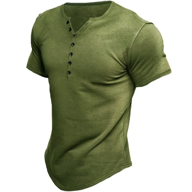 Men's T-shirt Summer New Henry Shirt Short Sleeve Solid Color Button T-Shirt Top