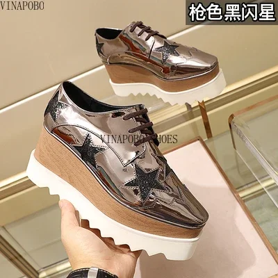 

vinapobo New Genuine Leather Stars Shoes Bottom Platform Square Head Women Casual Shoes Breathable Waterproof Wedges Sneakers