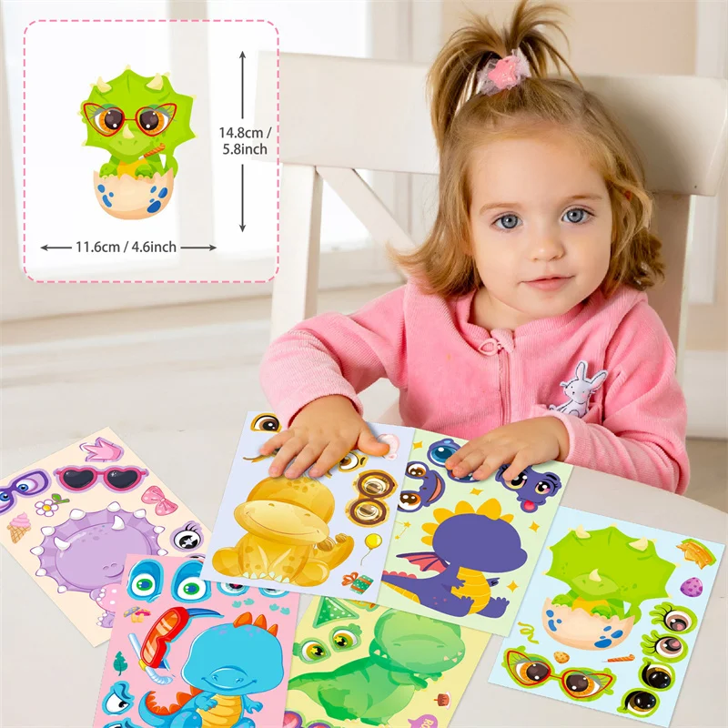 Changeable Faces Kids Stickers Creative DIY Make Your Own Dinosaur Face Stickers Assemble Jigsaw Puzzle Games Quiet Stiker Toys