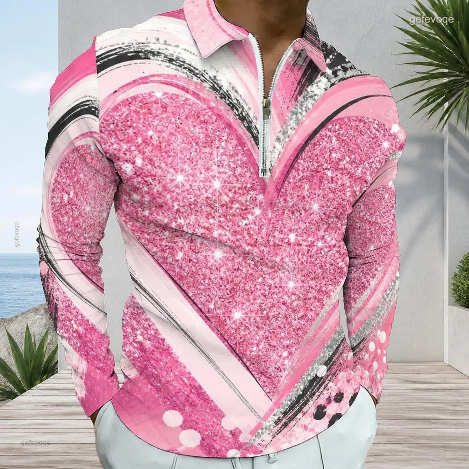 Men Pink Glitter Abstract Swirl Printed Quarter Zip Long Sleeve Polo Shirt