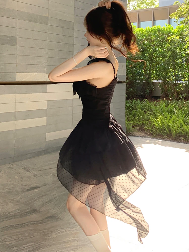 Feminino coreano vintage bodycon lolita estilo vestido de verão preto arco renda chique malha estilingue vestido sexy 2025 elegante vestido de festa causal