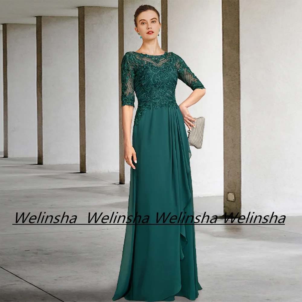 

Emerald Green Mother of The Bride Dress Half Sleeves Scoop Neck Sequined Applique Chiffon Wedding Guest Gown Woman Evening Dress