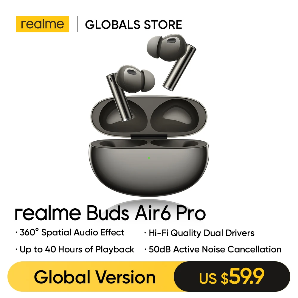 realme buds Air 6 Pro True Wireless Headphone HiFi Quality Dual Drivers 50dB Noise Cancellation 360° Audio Effect 55ms Latency