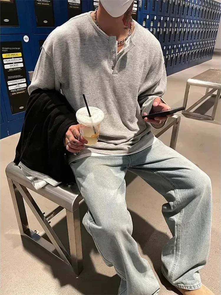 

Повседневная мужская футболка с длинным рукавом и воротником хенли, весенне-осенняя толстовка, модная брендовая свободная базовая футболка для молодежи