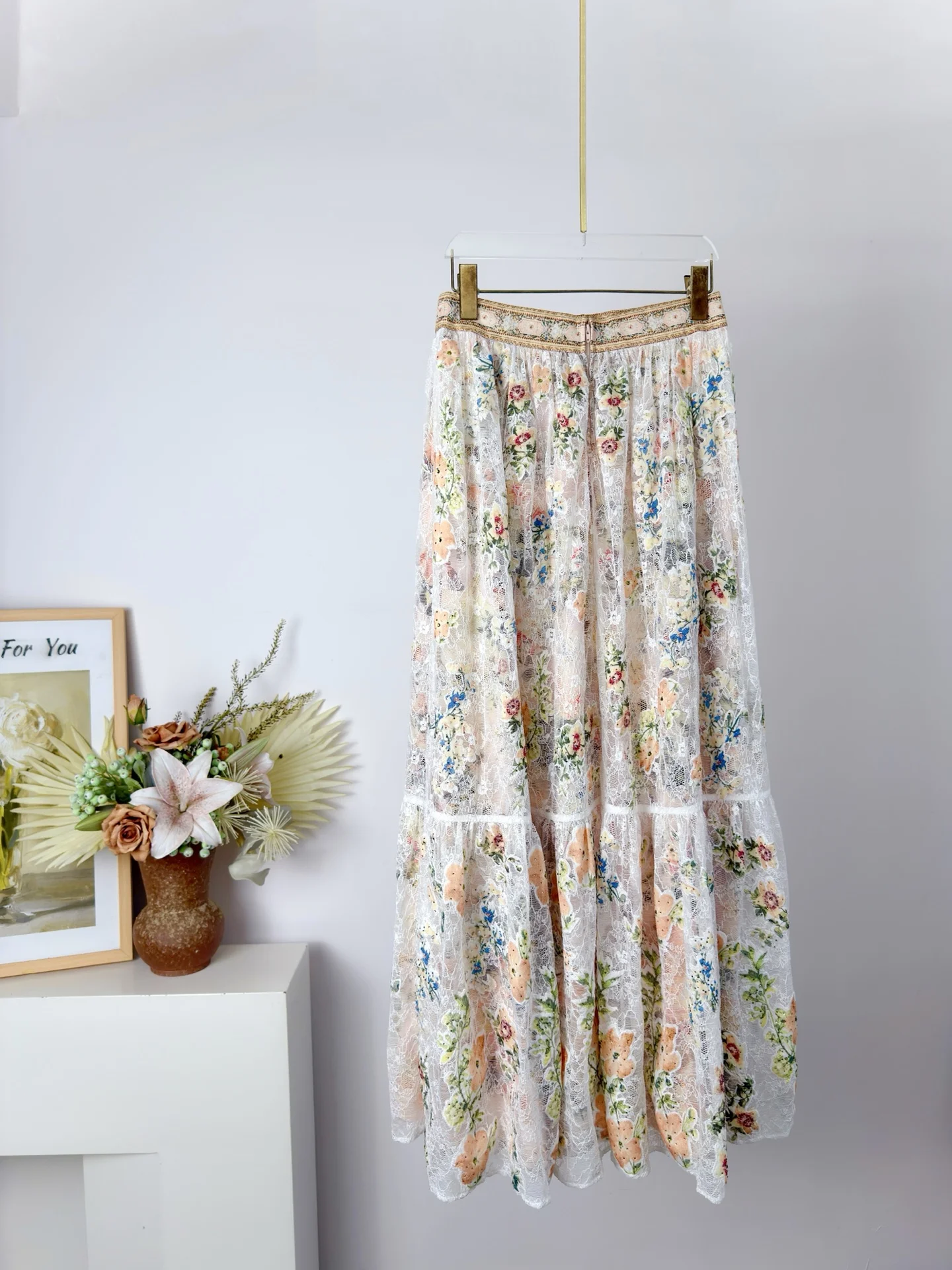 Summer Fashion Party Vintage Flower Print Elegant Long Skirt Women's Middle Waist Lace Embroidery Gorgeous Diamond A-Line Skirt