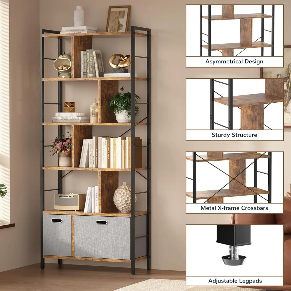 Bookshelves, 6-tier bookshelves with drawers, display stand-up shelves with storage space, wooden and metal bookshelves