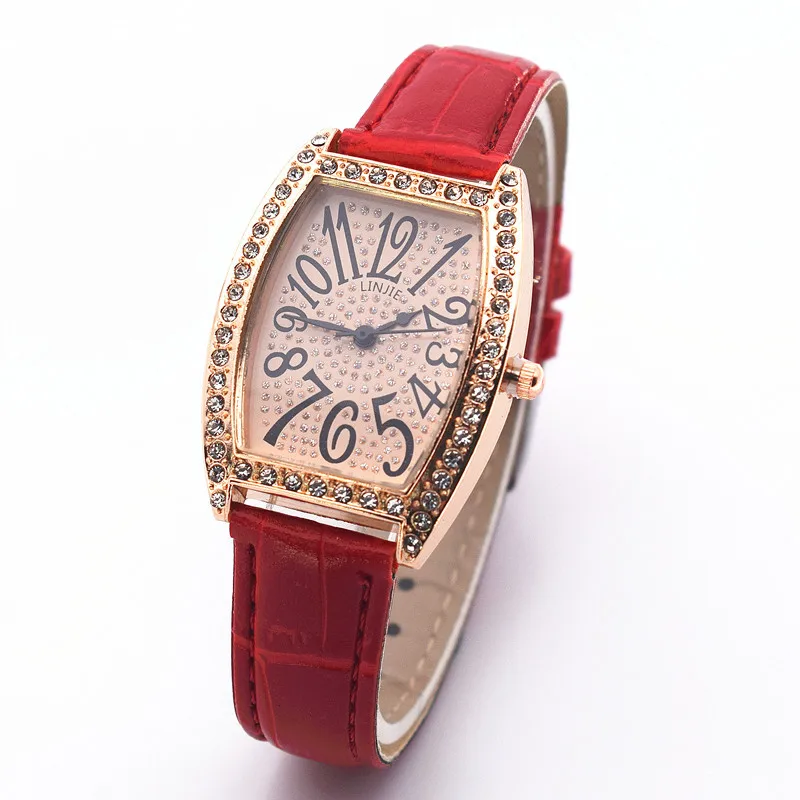 New Fashion Woman Luxury  Tonneau Leather Watch Women Crystal Wristwatches Students Casual Quartz Watches For Gifts Reloj Mujer