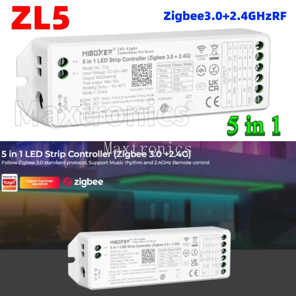 ZL5 Miboxer 5IN1 Zigbee3.0+2.4GHzRF Controller WiFi APP/TUYA /Voice Control For Single /Dual Color RGB RGBW RGB+CCT Led Strip