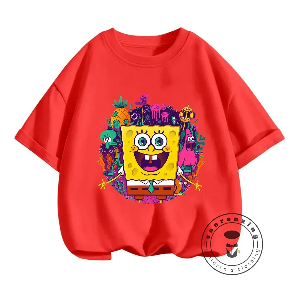 Hip-Hop Style SpongeBob Print T-shirt for Children Cute Cartoon Design Perfect for Boys and Girls to Enjoy Summer in Style