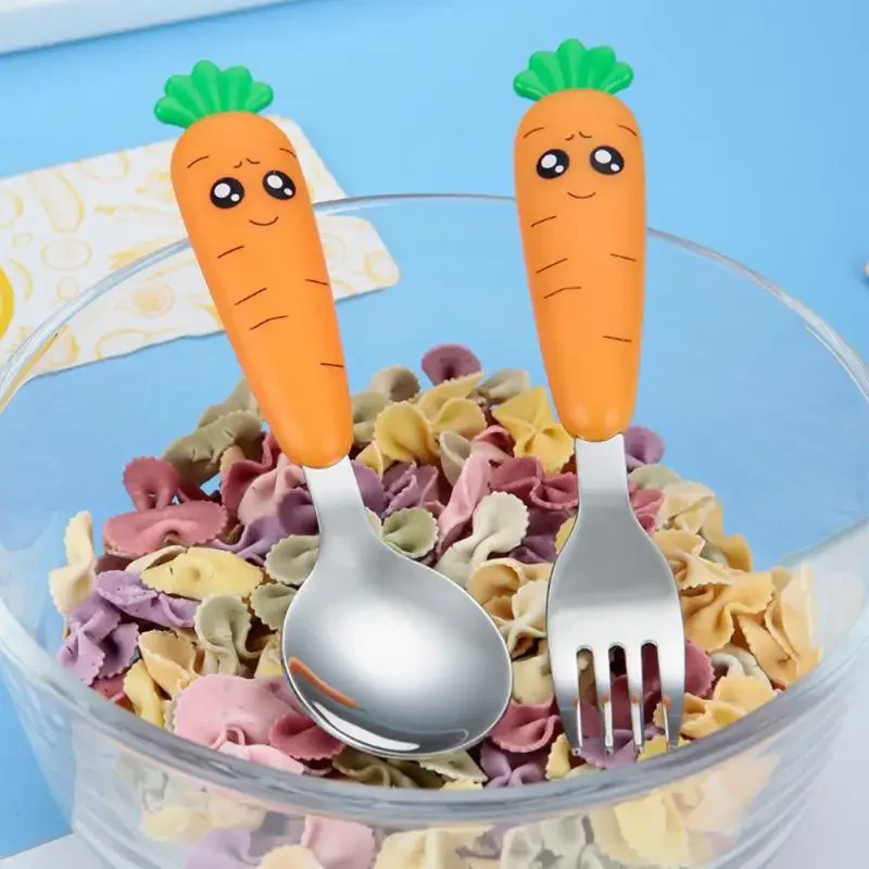 Baby Gadgets Tableware Set Stainless Steel Cartoon Carrot Spoon Fork Scraping Spoon for Kids Utensils Set Child Learn To Eating