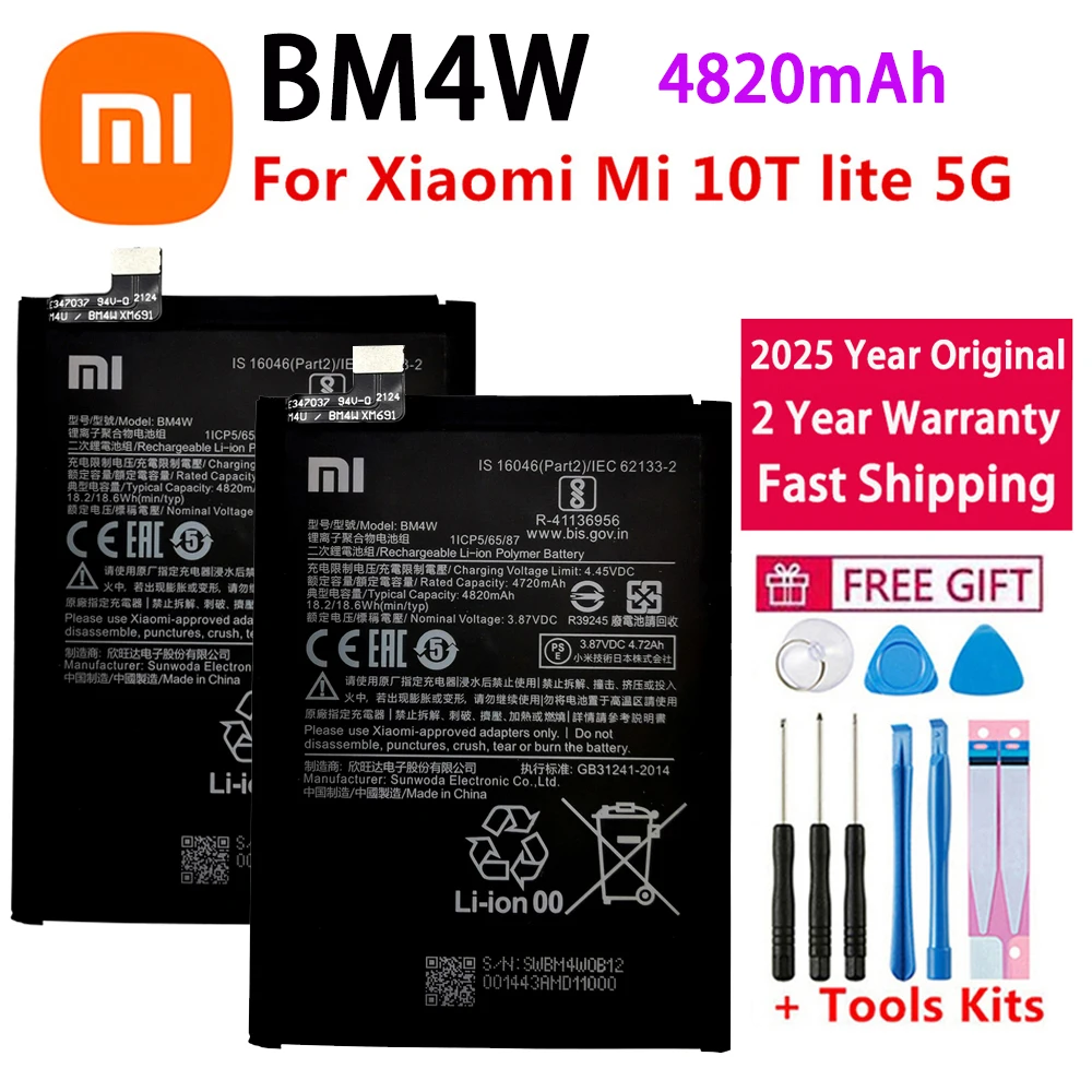

2025 Years 100% Original High Qulity 4820mAh BM4W Battery For Xiaomi Mi 10T lite 5G Batteries Bateria+ Free tools Fast Shipping