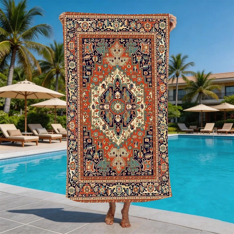 Vintage Blue Red Paisley Floral Beach Towel Quick Dry Sand Repellent Pool Towel Oriental Botanical Grid Pattern Soft Blanket