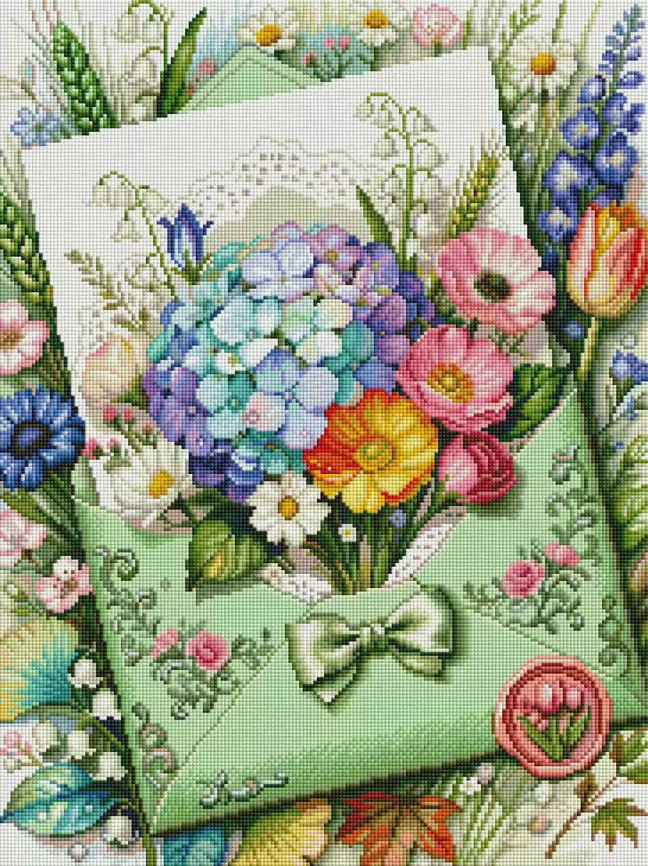 Vintage Floral Envelope Diamond Painting Kit, Square Resin Drills + AB & Fairy Dust Diamonds, Silk Flocking Canvas 45×60cm.
