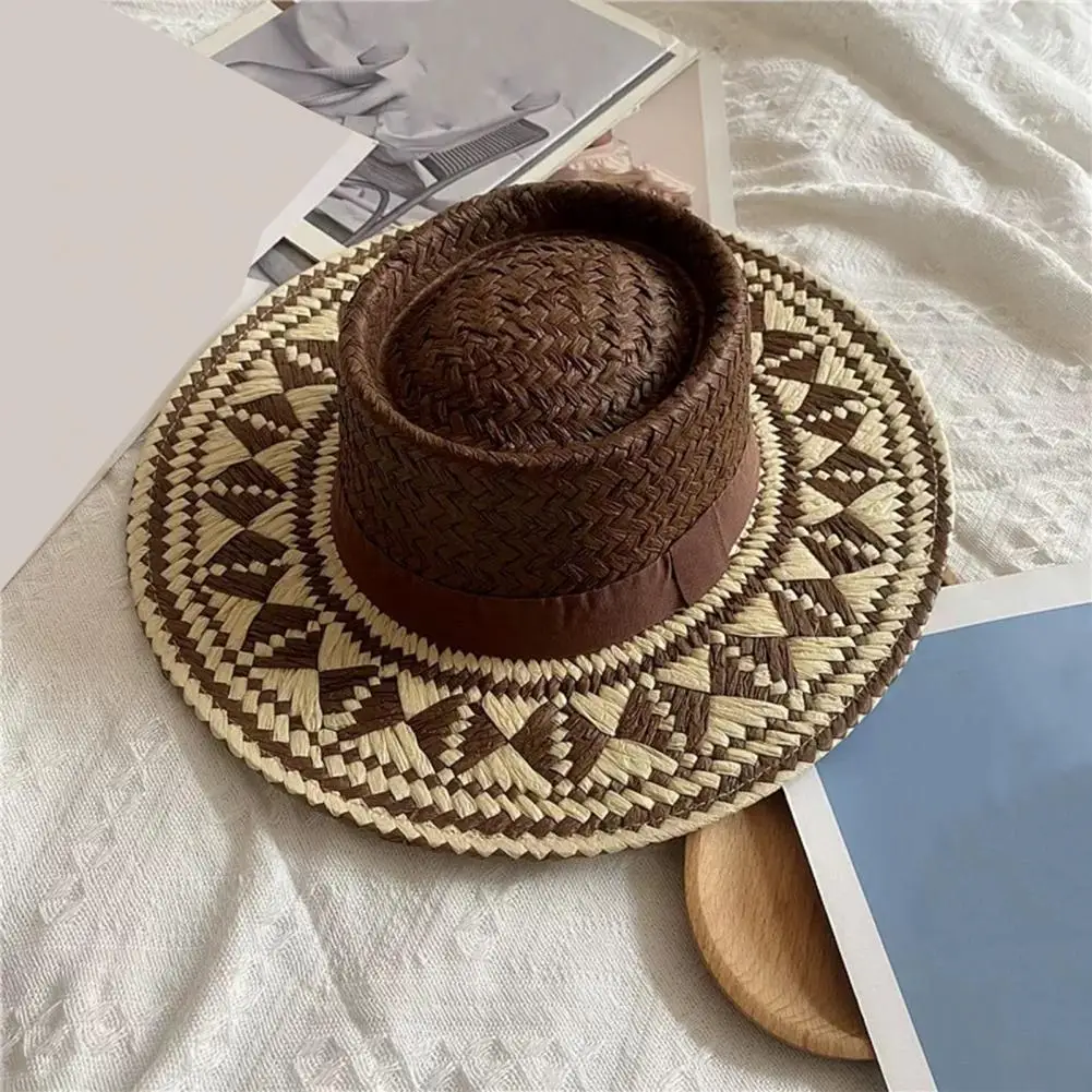 Ethnic Straw Geometric Sun Protection Handmade Straw Hat, Wide Brim Beach Hat for Holiday Picnic Camping