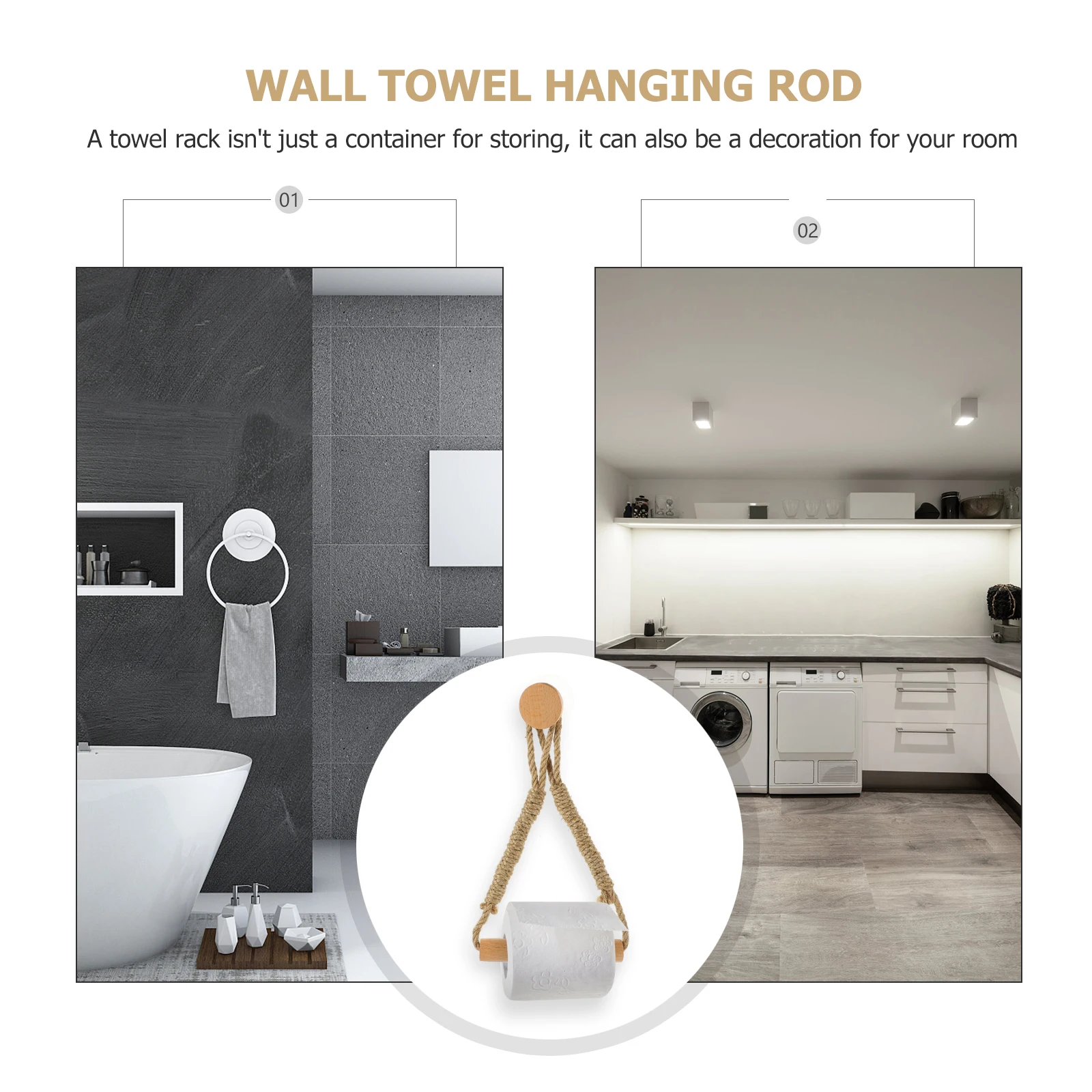 

Wooden Rope Toilet Holder Wall Mounted Roll Stand Rustic Style Bathroom Kitchen Smooth Edges Household Hotel Use Wall Mount