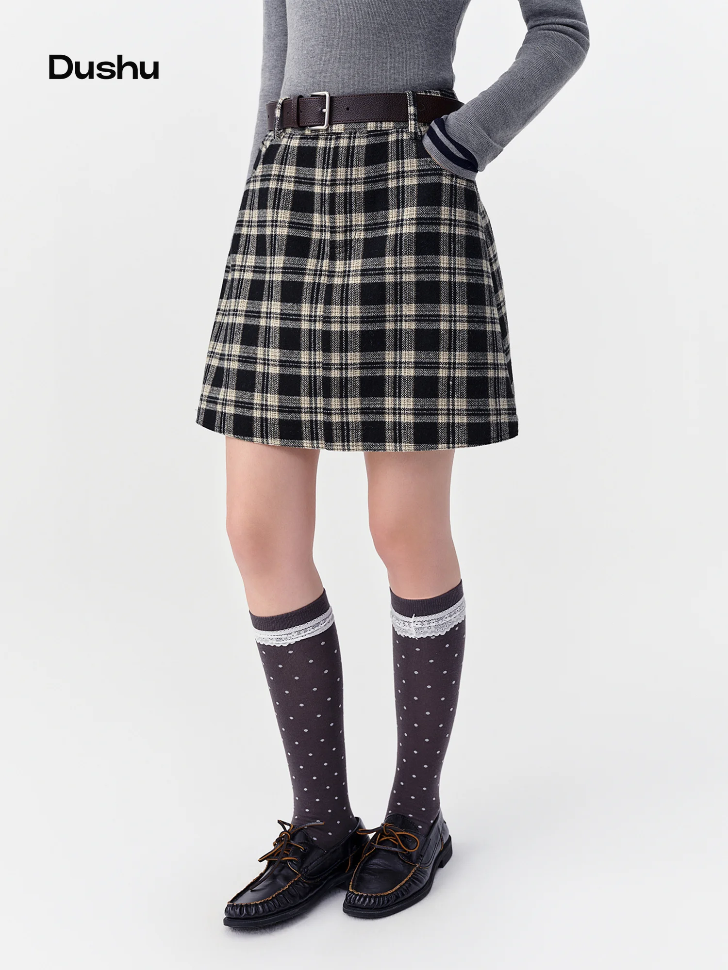 DUSHU 2026 Winter Women Solid Color Plaid A-Line High Waist Mini Skirt Slim Tartan Short Half Skirt Commute Office Streetwear