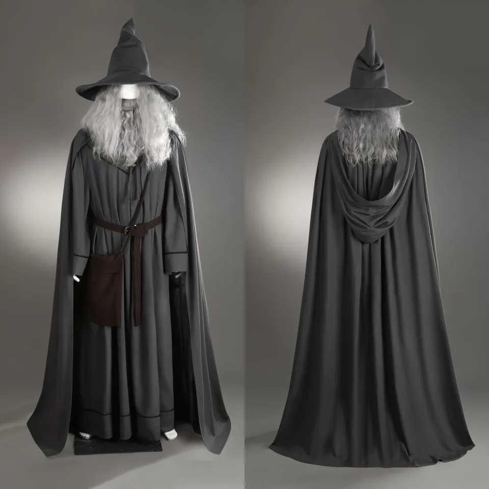 Traje de Cosplay Cinza Gandalf, Manto Robe, Roupa com Chapéu