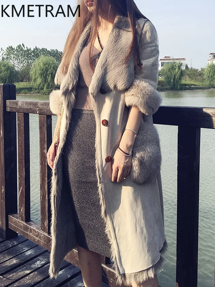 Veste de fourrure Double face en laine de chèvre naturelle pour femme, manteau Long de haute qualité en vraie fourrure, vêtements d'hiver pour femme, 2025 шу onder