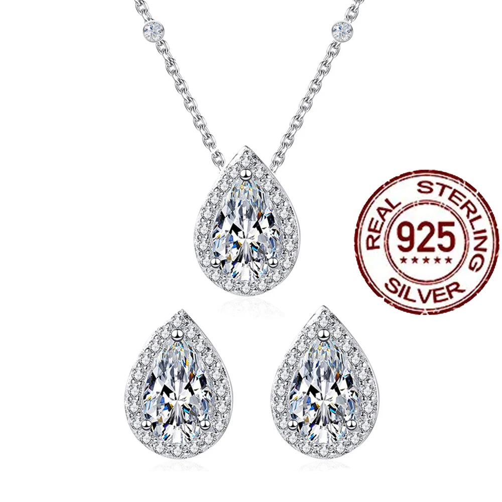 CWWZircons Pure 925 Sterling Silver Pear Cut CZ Stud Earrings Pendant Necklace Set for Women Fine Jewelry Accessories Gift ST005