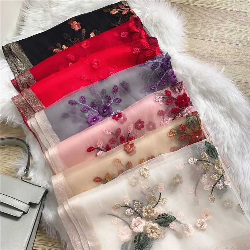 Silk Wool Scarf Fashon Beach Shawl Wraps for Women Neckerchief Embroidery Female Foulard Bandana Pashmina Hijab Scarves poncho