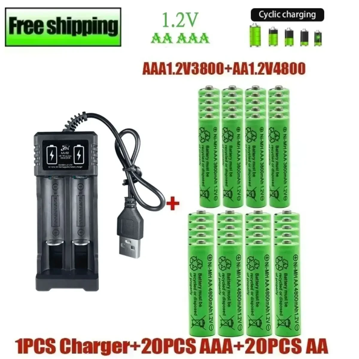 الأصلي بطارية قابلة للشحن 1.2 فولت AA4800mAh + AAA3800mAh + شاحن للكمبيوتر على مدار الساعة راديو لعبة فيديو كاميرا رقمية AA AAAbattery