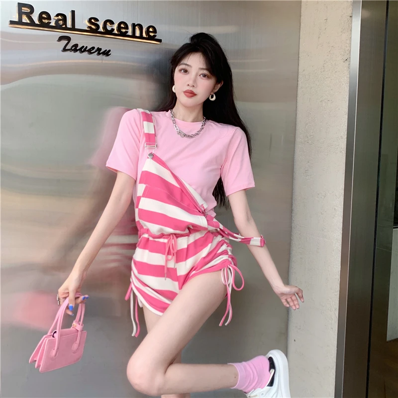 Summer Two-piece Suits Women New Slim Round Neck Short Sleeve T-shirt+ Striped Drawstring One-piece Shoulder Shorts Sets