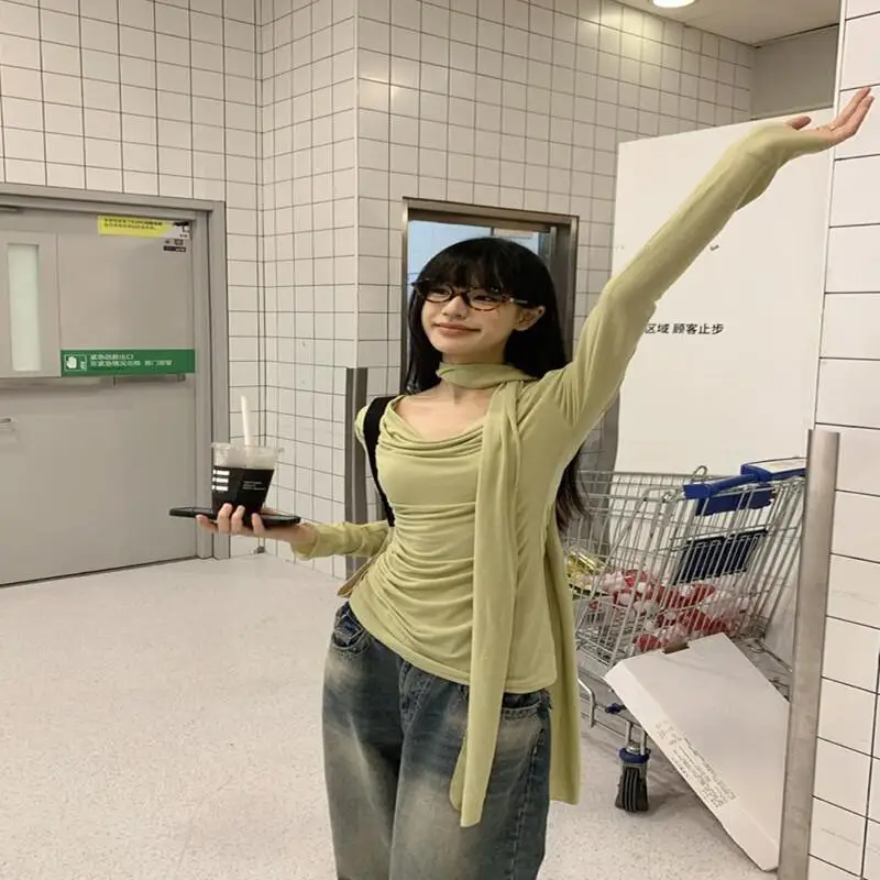 

Женская тонкая футболка с длинным рукавом для ранней осени, новая, приталенная, базовая, уникальная, модная, повседневная, для ежедневной носки