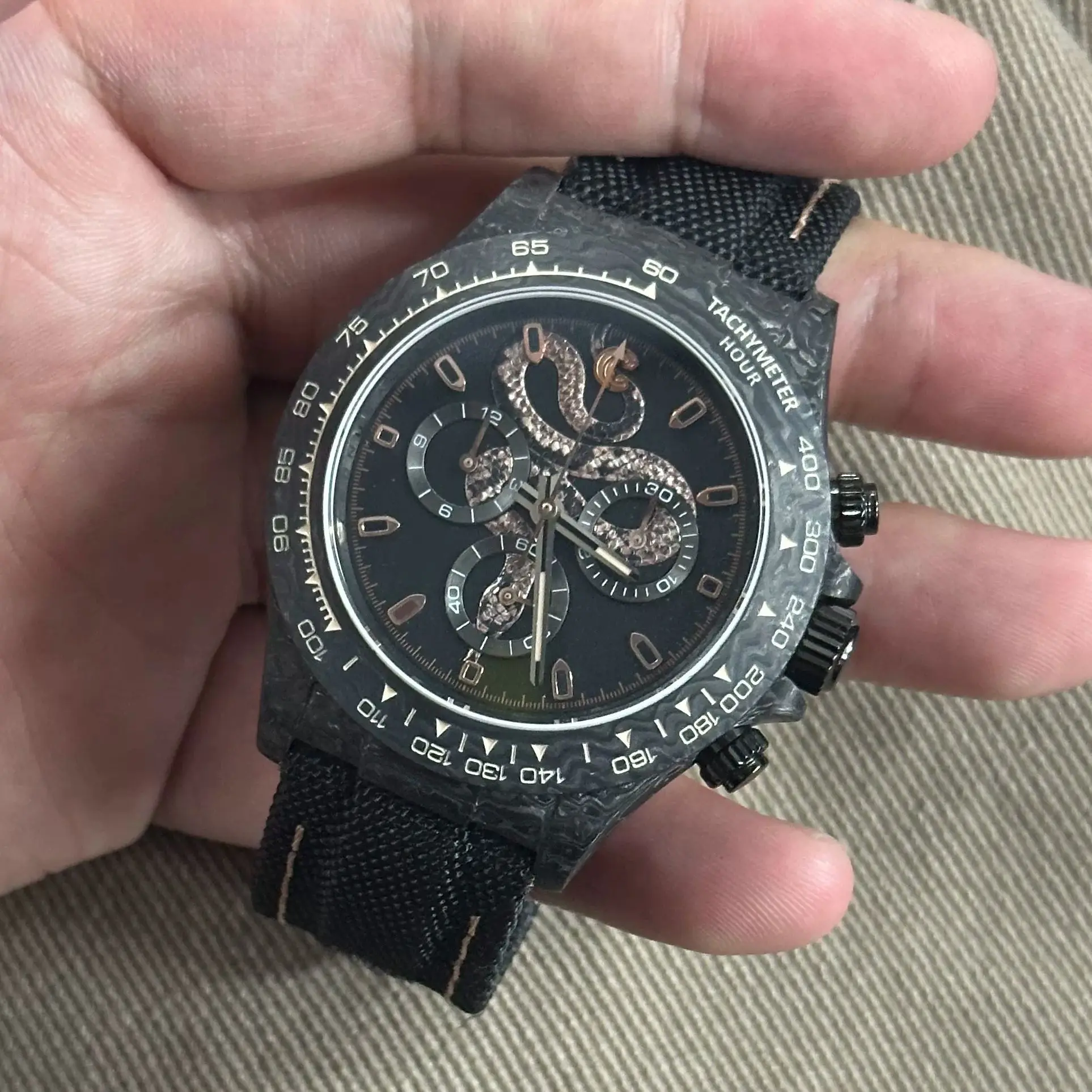CRONUSART Men Chronograph Watch 40mm Automatic Mechanical Wristwatch Carbon Fiber Sapphire Mirror Waterproof Luminous Snake Dial