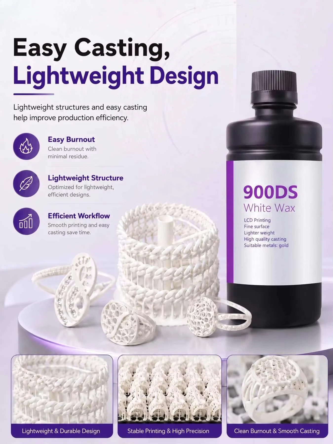 1KG 405nm White Wax Photopolymer Resin, UV Direct Casting Material for Jewelry Accessory 3D Printing
