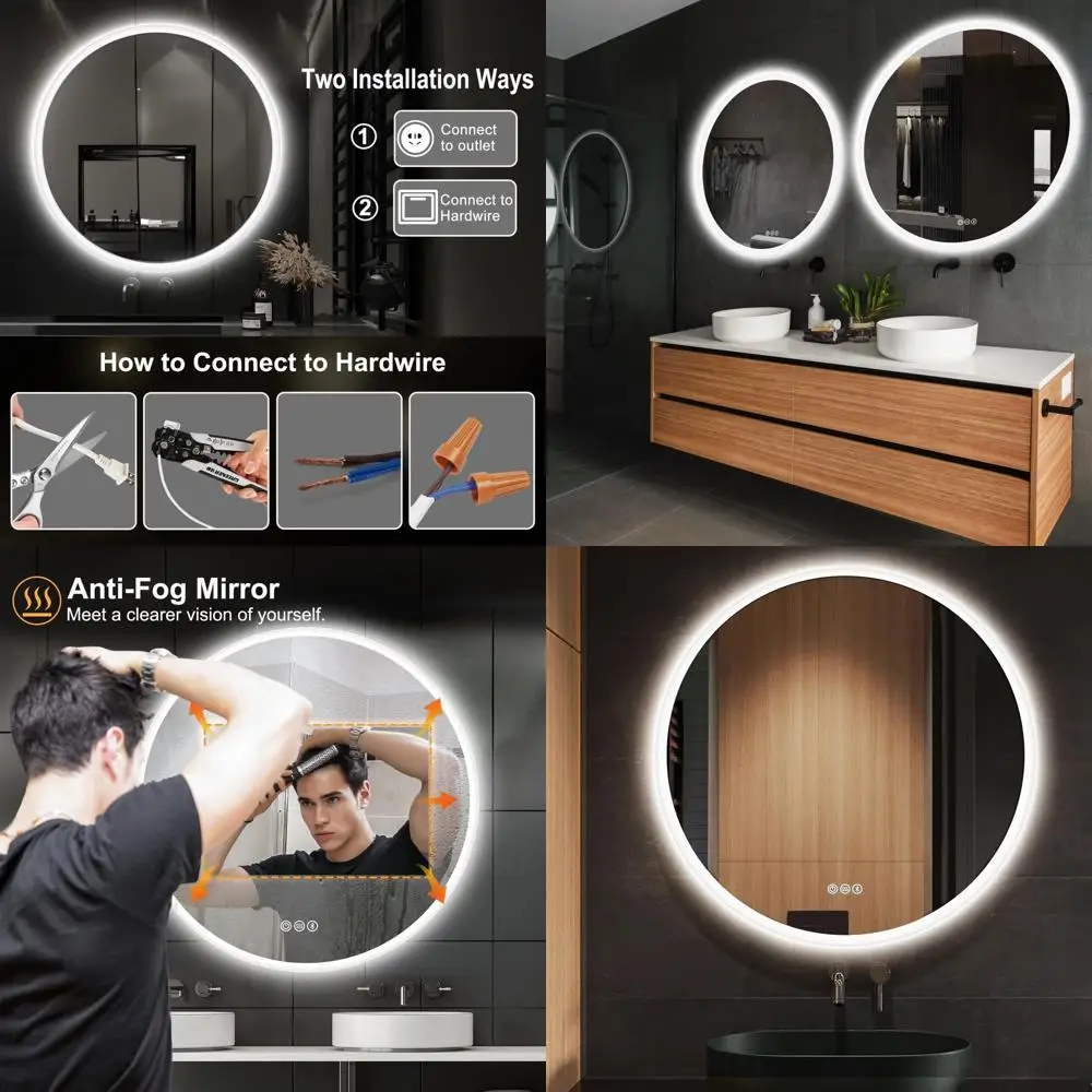 

Round LED Bathroom Mirror with Lights, Backlit, Wall-Mounted Vanity Mirror, 3000K/4000K/6500K, Dimmable, Bluetooth Speaker, Smar