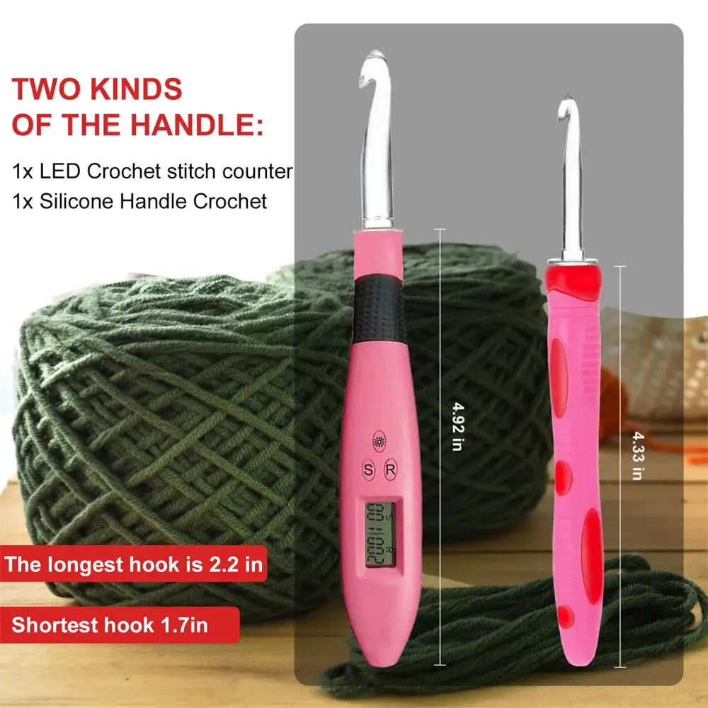 17pcs Crochet Hook Set with Counter Ergonomic Knitting Needles Kit with Led Light&Row Digital Counter DIY Tool for Knitting Hook