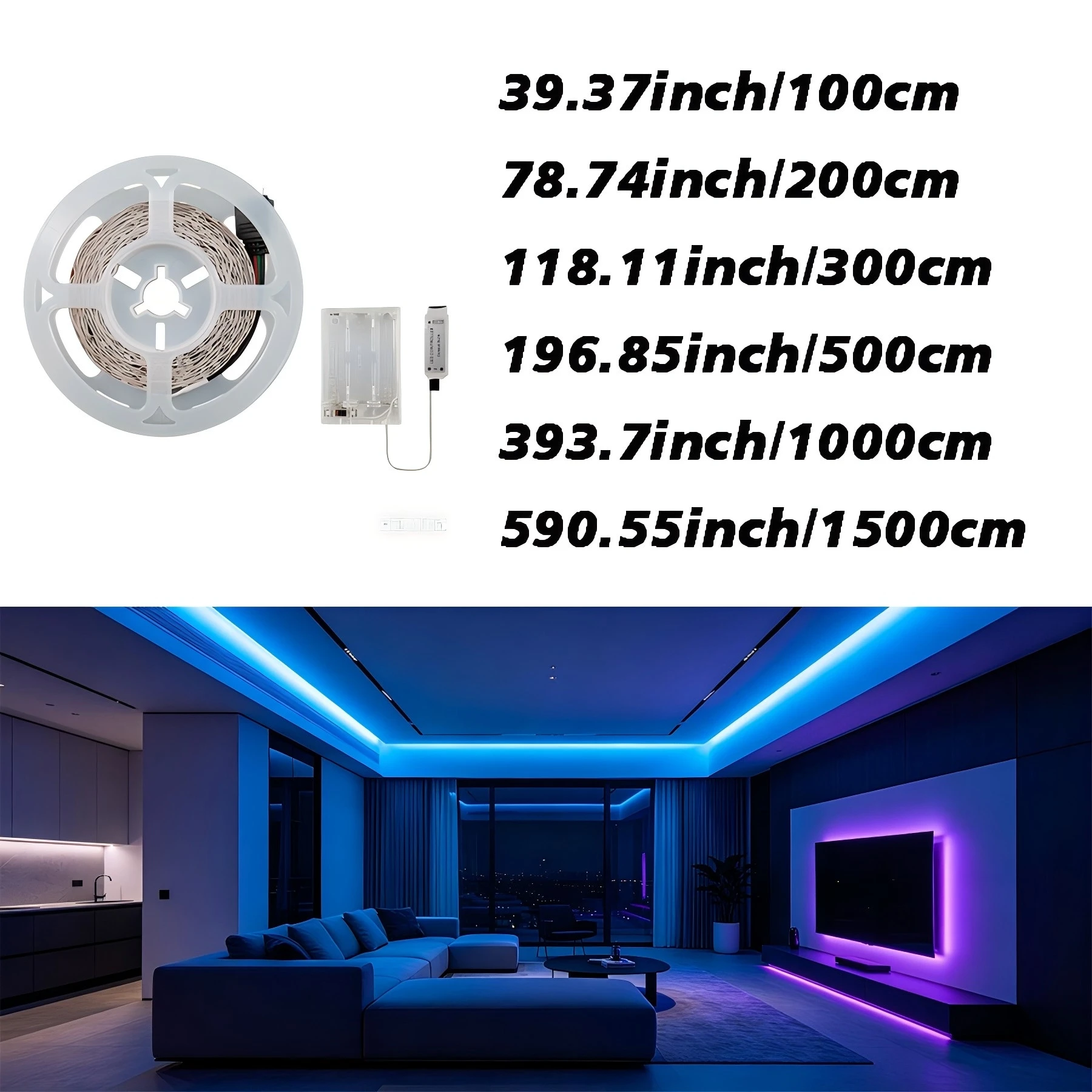 RGB LED light strip with 24-key control. Battery powered (AA batteries not included), easy to install. Suitable for indoor use.