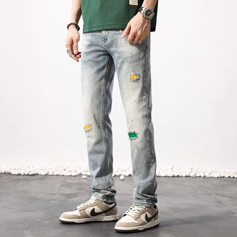 Street Fashion Men Jeans Retro Washed Blue Elastic Slim Fit Painted Ripped Jeans Men Patched Designer Vintage Denim Pants Hombre