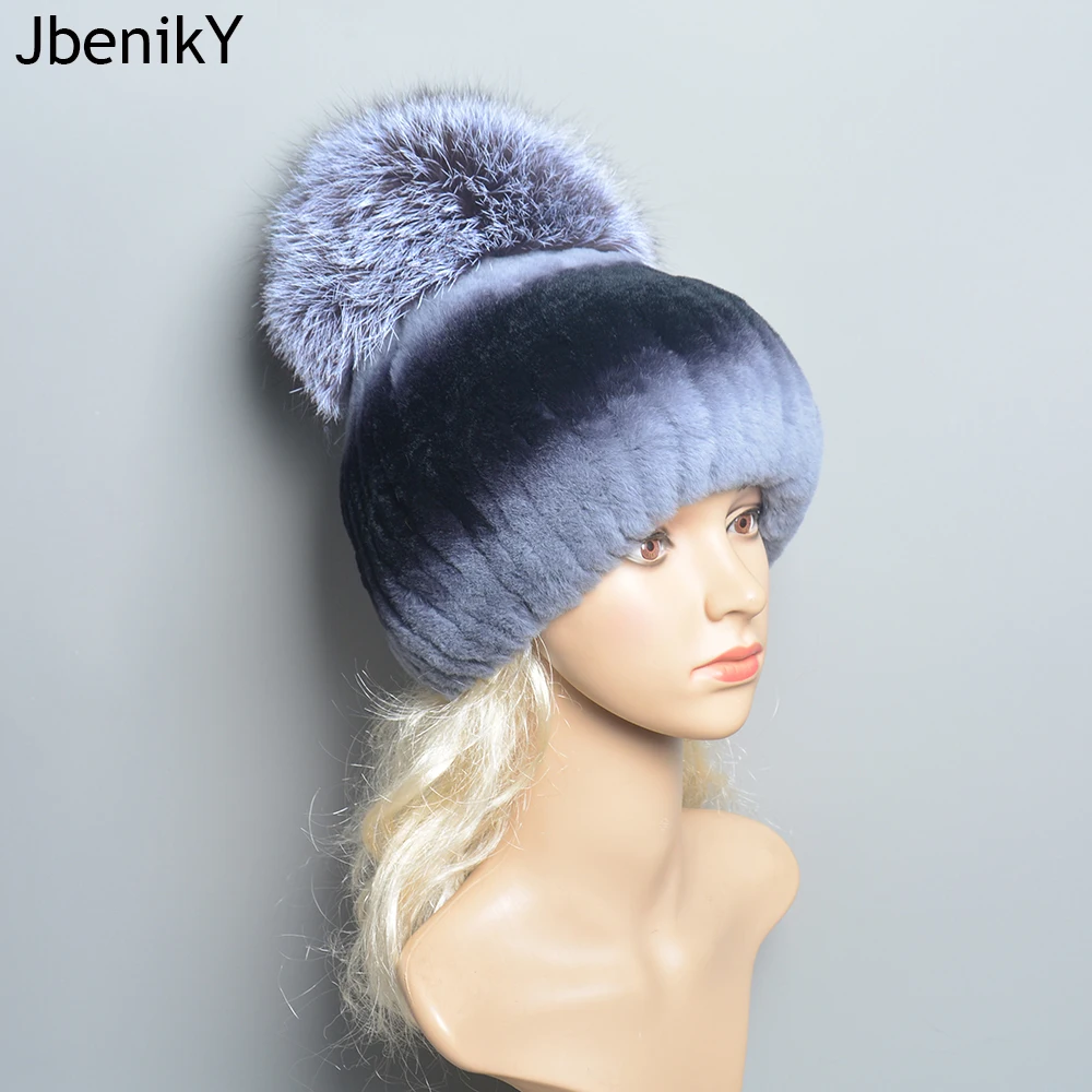 

100% Real Rex Rabbit Fur Hat Women Winter knitted beanie Russian Girls cap with fox fur pom poms thick female cap Elastic