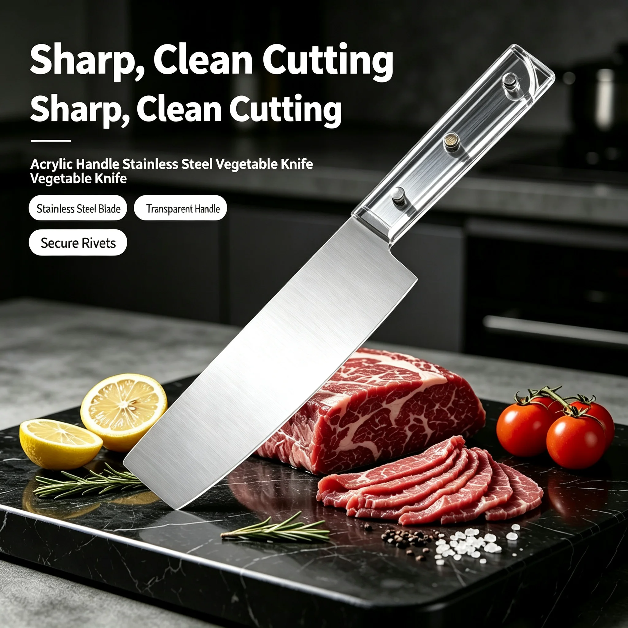 Compact kitchen knife with plastic handle, stainless steel blade, suitable for cutting meat and vegetables in the kitchen, cooki