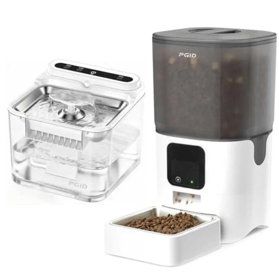 

Automatic cat feeder with camera and cordless water fountain set for indoor use ABS plastic white 1080p video with night vision