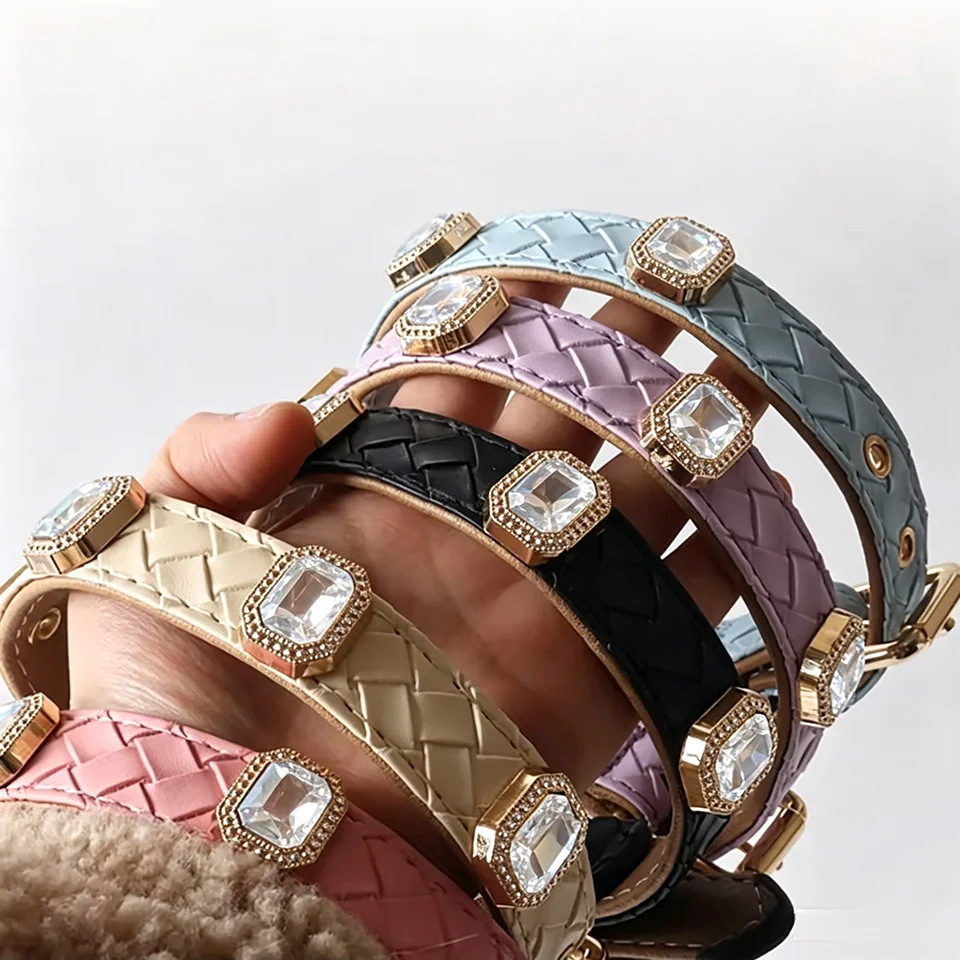 Luxury Clear Crystal Rhinestone Woven PU Leather Puppy Collar Set Adjustable Metal Buckle Small Dog Cat Walking Gear Leash view 2