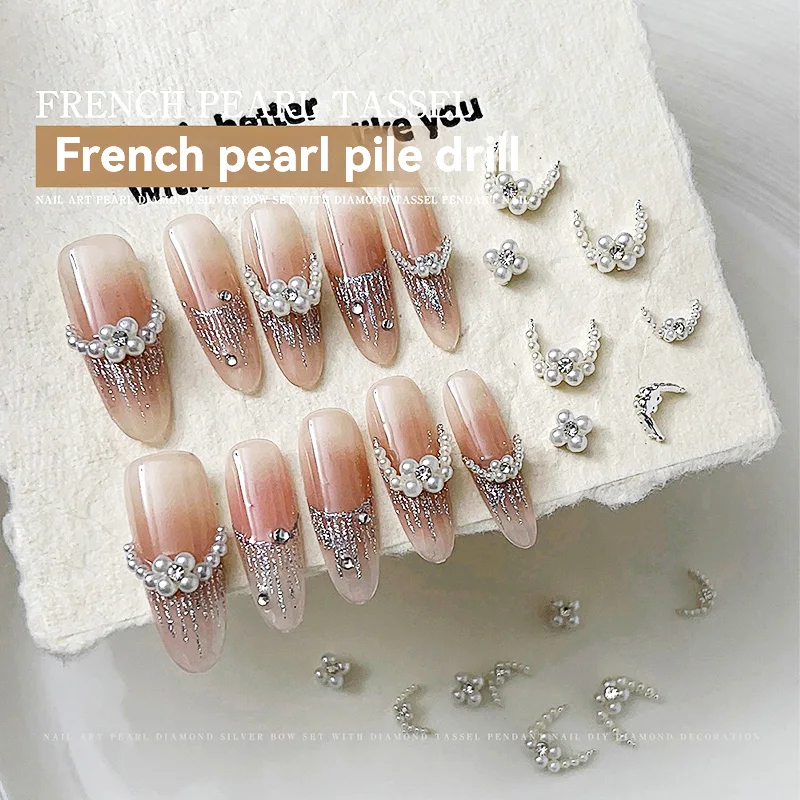 Conjunto de decorações para arte em unhas, 5 peças/10 peças, pérola, diamante, strass, adesivos, lua crescente francesa e design de flores, acessórios para arte em unhas