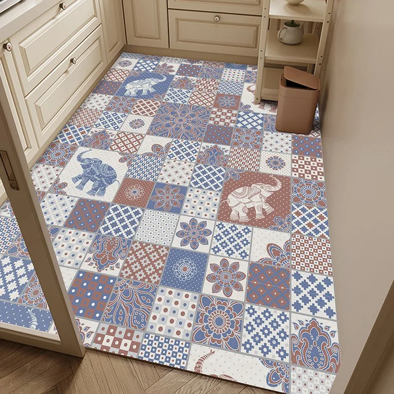 PVC Kitchen Floor Mat Waterproof Oil-proof Non-slip Leather Carpet Retro Floral Tile Rug Large Size Home Decoration Rugs Ковер