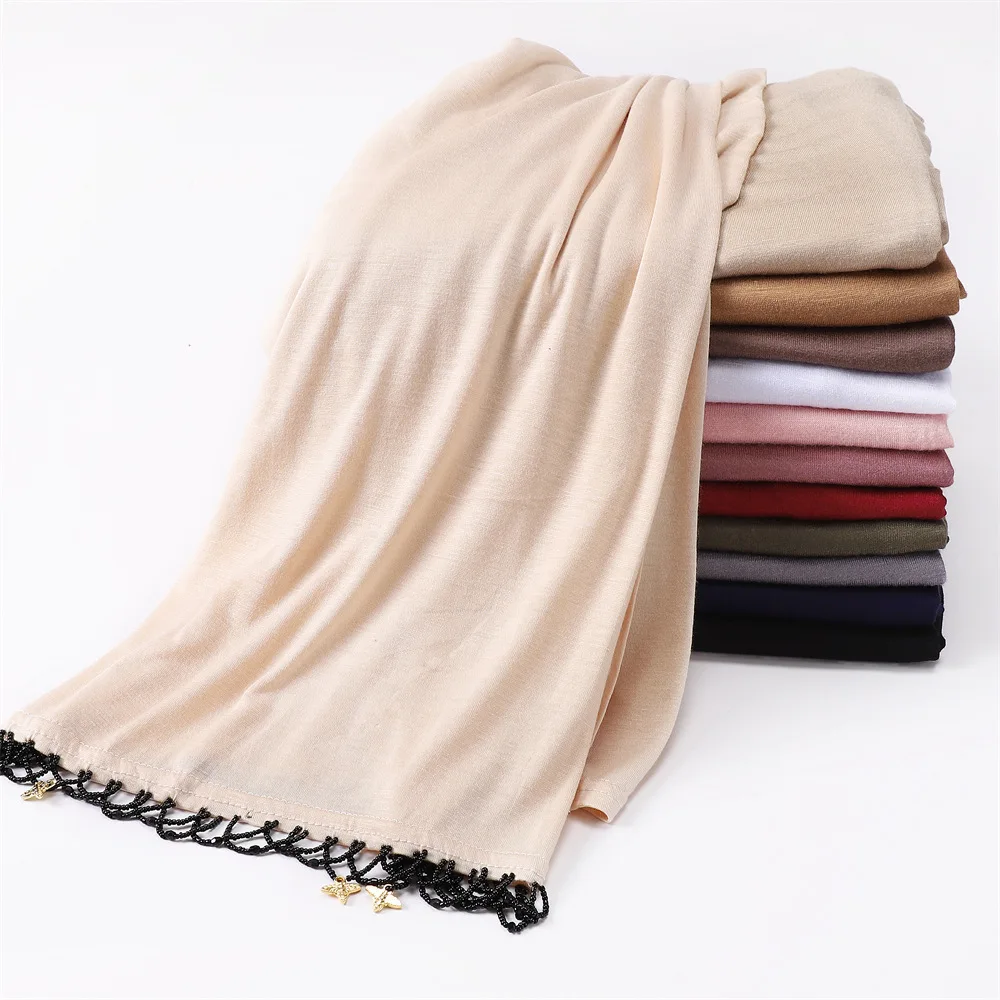 Women Cotton Jersey Hijab Head Scarf Breathable Lightweight Turban Glittering Rhinestones Shawls With Beads 5pcs/lot Solid Color