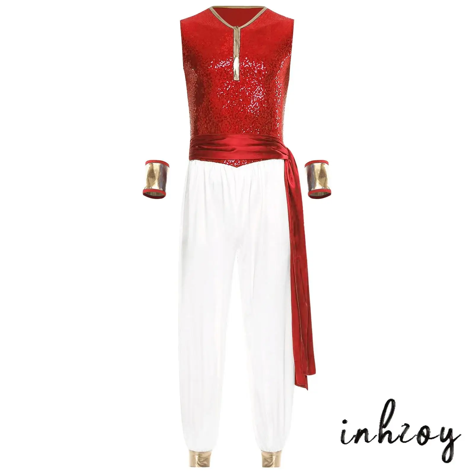 

Expensive Men Arab Prince Costume Halloween Cosplay Romper with Waist Belt And Sleeves Sequin Bodice Satiny Loose Pants Jumpsuit